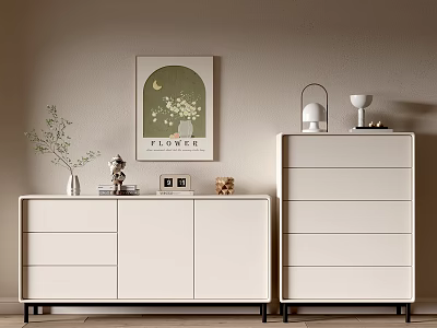 Modern Minimalist Entryway Cabinet and Sideboard with Floral Painting Vase and Table Lamp Decor 3d model