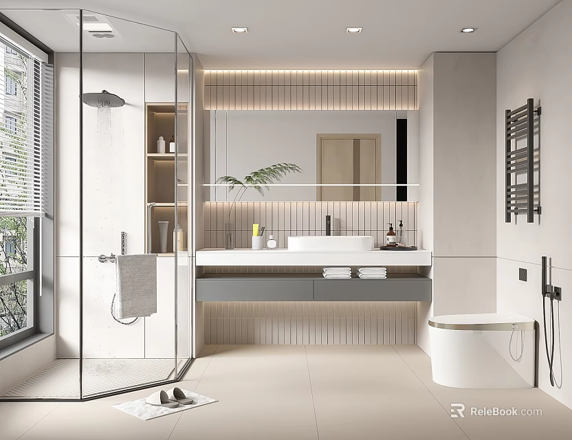 Modern Bathroom Interior With Glass Shower Vanity Mirror Potted Plant And Recessed Lighting 3d model 