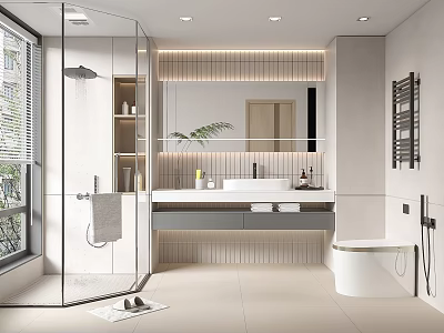 Modern Bathroom Interior With Glass Shower Vanity Mirror Potted Plant And Recessed Lighting 3d model