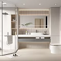 Modern Bathroom Interior With Glass Shower Vanity Mirror Potted Plant And Recessed Lighting