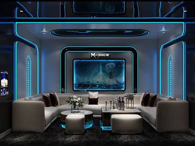 Modern KTV Interior With Blue Neon Lights Large Screen And Comfortable Sofas 3d model
