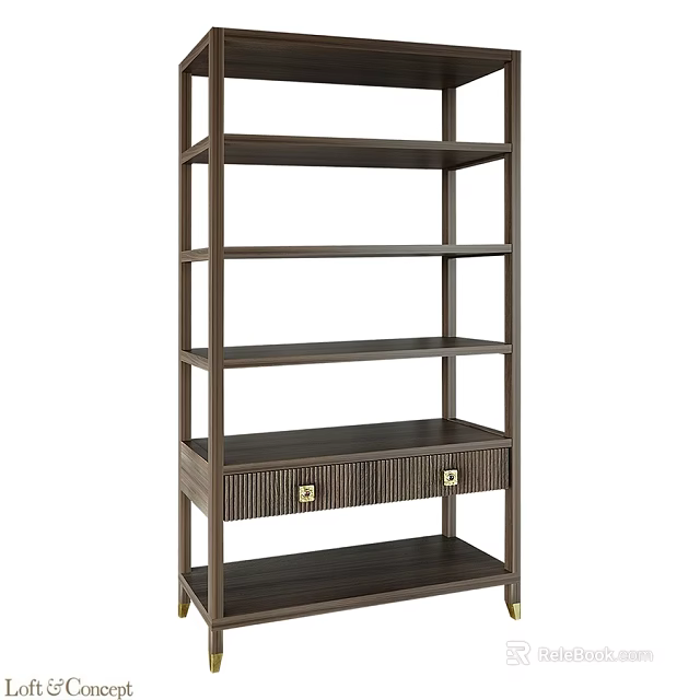 Stylish Wooden Shelving Unit With Multitiered Shelves And Drawer With Metal Accents 3d model 