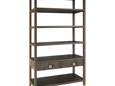 Stylish Wooden Shelving Unit With Multitiered Shelves And Drawer With Metal Accents 3d model