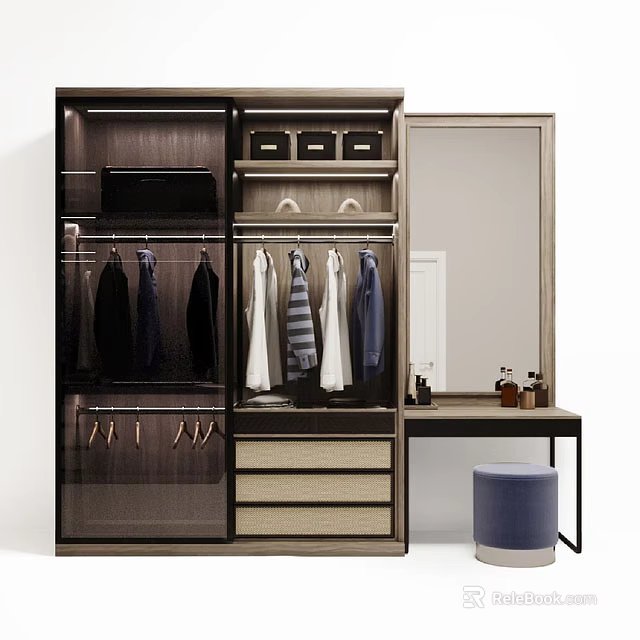 Modern Wardrobe Design With Hanging Clothes Storage Drawers Boxes Mirror Table And Stool 3d model