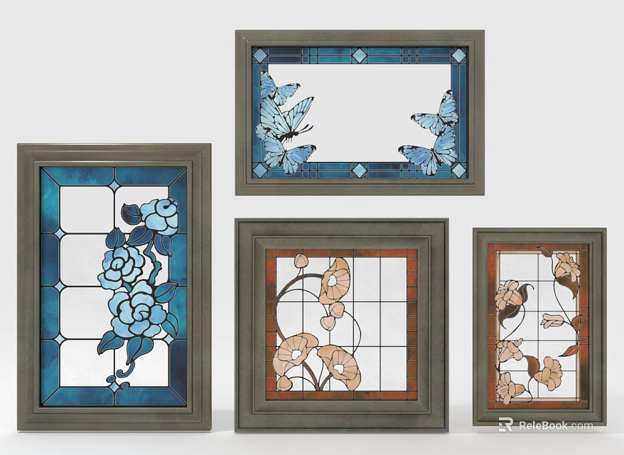 Stained Glass Frames with Various Flower Butterfly Patterns and Decorative Designs 3d model 