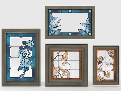 Stained Glass Frames with Various Flower Butterfly Patterns and Decorative Designs 3d model