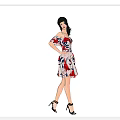 Woman Wearing Off Shoulder Dress with Red Blue Floral Pattern and High Heels Three Angles