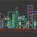Neon Castle Sign With City Skyline And Illuminated Stage