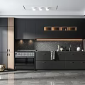 Modern Black Kitchen Interior With Open Concept Island Counter And Appliances