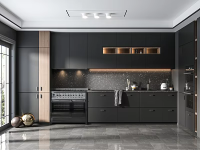 Modern Black Kitchen Interior With Open Concept Island Counter And Appliances 3d model