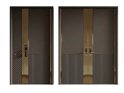 Modern Double Doors With Gold Metal Strips And Vertical Lines Design 3d model