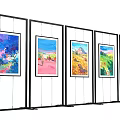 Exhibition Display Wall with Multiple Black Framed Panels and Colorful Artworks