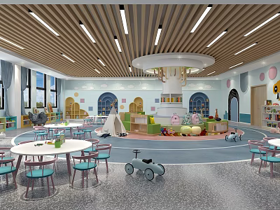 Bright Kindergarten Interior Design With Round Tables Blue Chairs Toy Cars And Play Tent 3d model