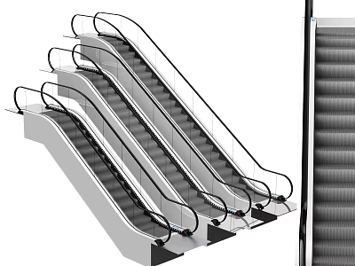 Modern Commercial Escalators With Black Handrails And Metal Steps In Public Building 3d model