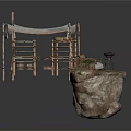 Rustic Outdoor Market Stall Structure With Wooden Frame White Canopy And Vegetable Baskets