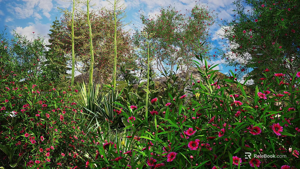 Vibrant Pink Flowers and Lush Green Plants in Garden With Blue Sky Background 3d model 