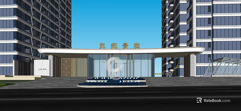 Fengqi Jingting Residential Entrance Gate With Glass Curtain Wall And Decorative Water Feature 3d model 