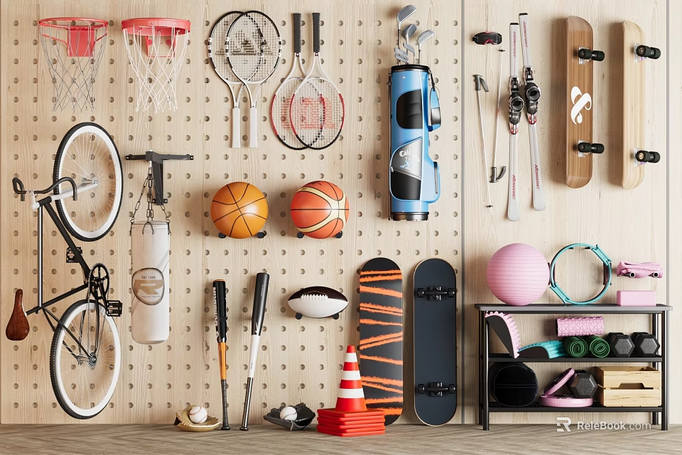 Organized Sports Equipment Display With Basketballs Skateboards Bicycles And Badminton Rackets 3d model 