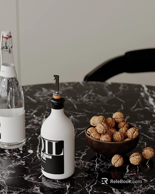 Decorative Ornament Combination with Clear Glass Bottle White Container Walnuts in Wooden Bowl 3d model 