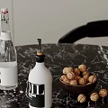 Decorative Ornament Combination with Clear Glass Bottle White Container Walnuts in Wooden Bowl