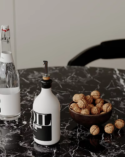 Decorative Ornament Combination with Clear Glass Bottle White Container Walnuts in Wooden Bowl 3d model