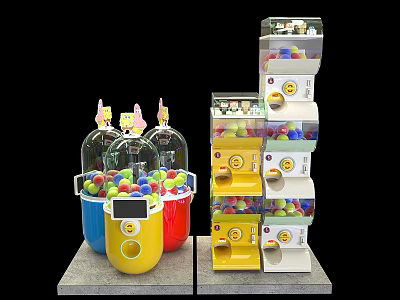 Colorful Gumball Machines With Transparent Domes And Yellow Red Bodies Filled With Colorful Balls For Kids 3d model