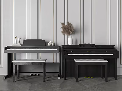 Musical Instruments Piano Setup With Benches Vase Decorations On Gray Striped Wall 3d model