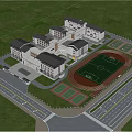 School Building Surrounded by Forests with Playground Track and Tennis Courts Layout