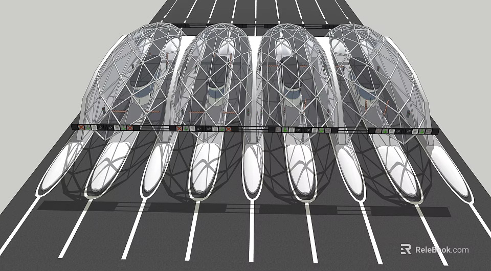 Transparent Egg Shaped Structures Along Roadway With Futuristic Glass Exterior Design 3d model 