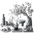 Decorative Ornament Set with White Flower Branches Metal Frame Decor Table Lamp and Vase