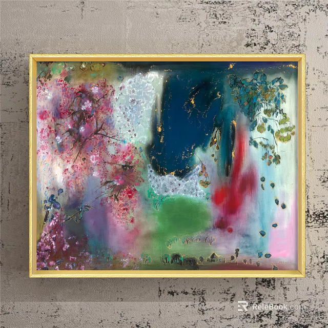 Golden Framed Abstract Painting With Vibrant Blue Green Pink Red Hues And Floral Elements 3d model 