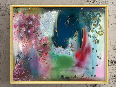 Golden Framed Abstract Painting With Vibrant Blue Green Pink Red Hues And Floral Elements 3d model