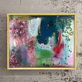 Golden Framed Abstract Painting With Vibrant Blue Green Pink Red Hues And Floral Elements