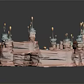 Cartoon Scene With Orange Rocky Terrain White Towers Yellow Tops Blue Characters And Golden Particles