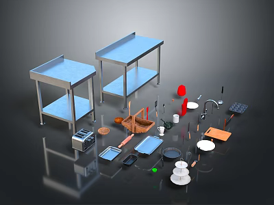Blue Metal Kitchen Worktables With Various Cooking Utensils Plates Bowls And Tools 3d model