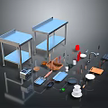 Blue Metal Kitchen Worktables With Various Cooking Utensils Plates Bowls And Tools