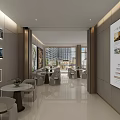 Modern Sales Office Interior With Reception Desk White Seating Display Screens And Green Plants