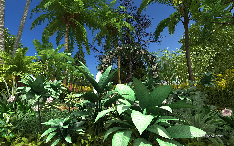 Lush Green Garden With Palm Trees Decorated Arch White Flowers And Large Leaves 3d model 