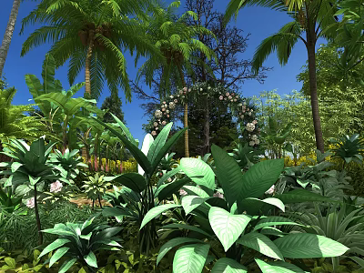 Lush Green Garden With Palm Trees Decorated Arch White Flowers And Large Leaves 3d model