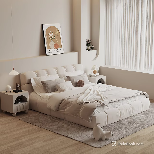 Light Colored Bedroom Interior With Upholstered Bed Multiple Pillows Framed Flower Artwork And Window Blinds 3d model