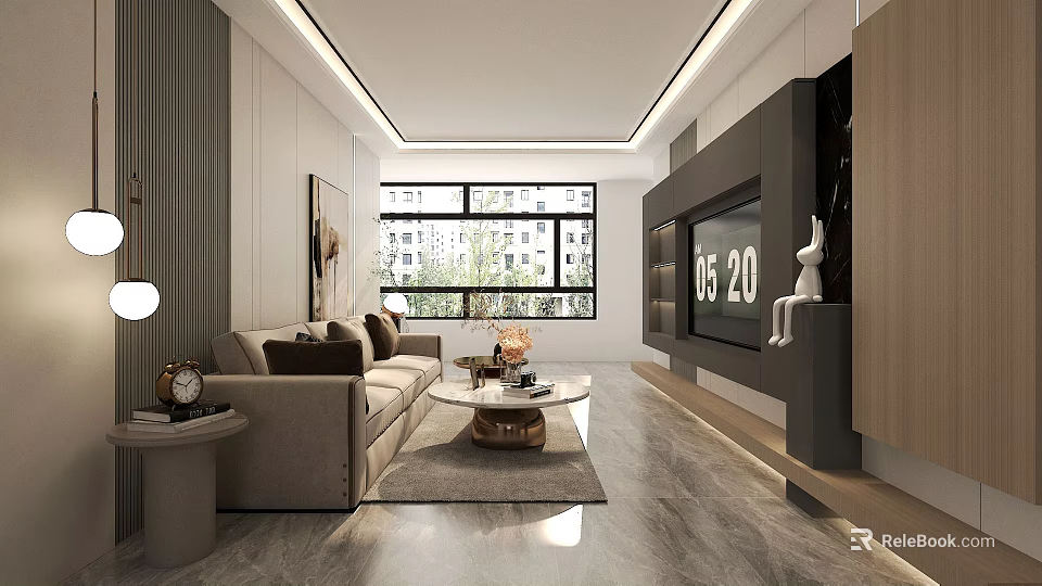 Modern Living Room Interior Design With Beige Sofa Coffee Table And TV Cabinet 3d model 