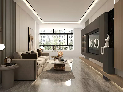 Modern Living Room Interior Design With Beige Sofa Coffee Table And TV Cabinet 3d model