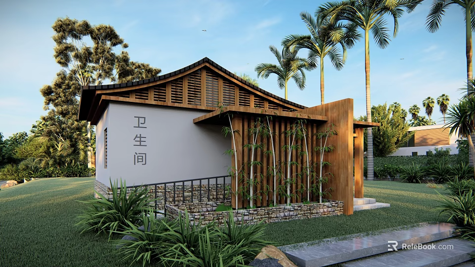 Traditional Garden Landscape With Wooden Structure Bamboo Decoration Palm Trees And Green Plants 3d model 