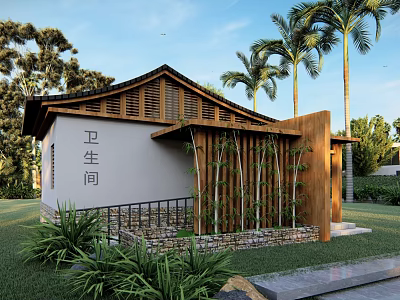 Traditional Garden Landscape With Wooden Structure Bamboo Decoration Palm Trees And Green Plants 3d model