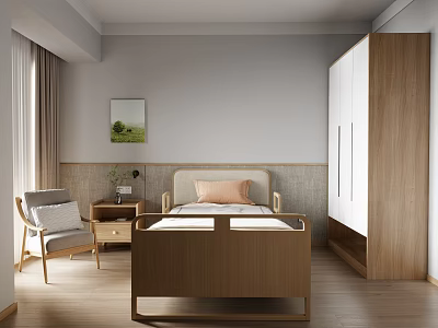 Elegant Modern Bedroom Interior Design With Wooden Bed Nightstand Chair And Wardrobe 3d model