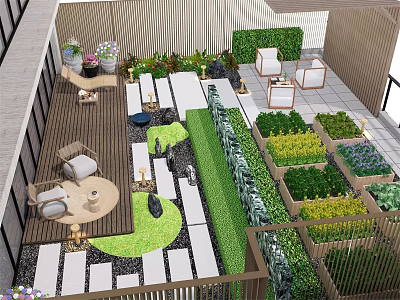 Roof Garden With Lush Greenery Outdoor Seating Raised Planters And Paved Pathways 3d model