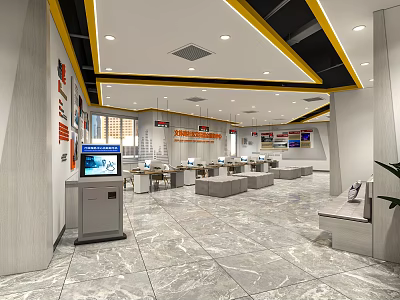 Modern Hotel Lobby Interior With Marble Floor Reception Desk Digital Screen And Seating Area 3d model