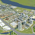 Aerial City Planning Layout With Modern Buildings River Roads And Green Areas