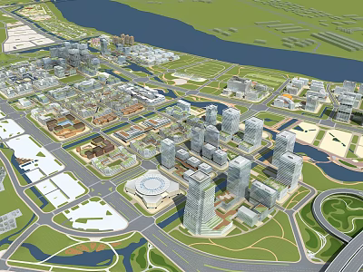 Aerial City Planning Layout With Modern Buildings River Roads And Green Areas 3d model