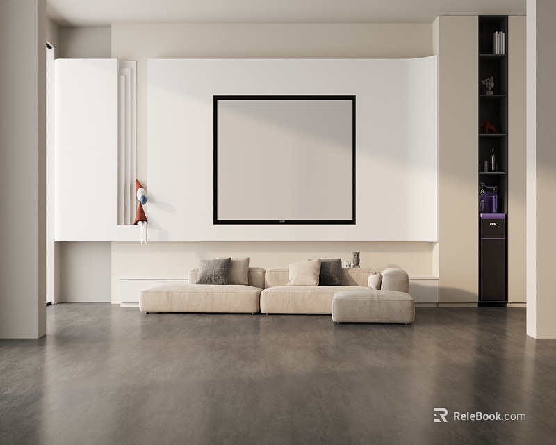 Modern Living Room Beige Three Seater Sofa With Gray Cushions Blank Screen And White Cabinets 3d model 